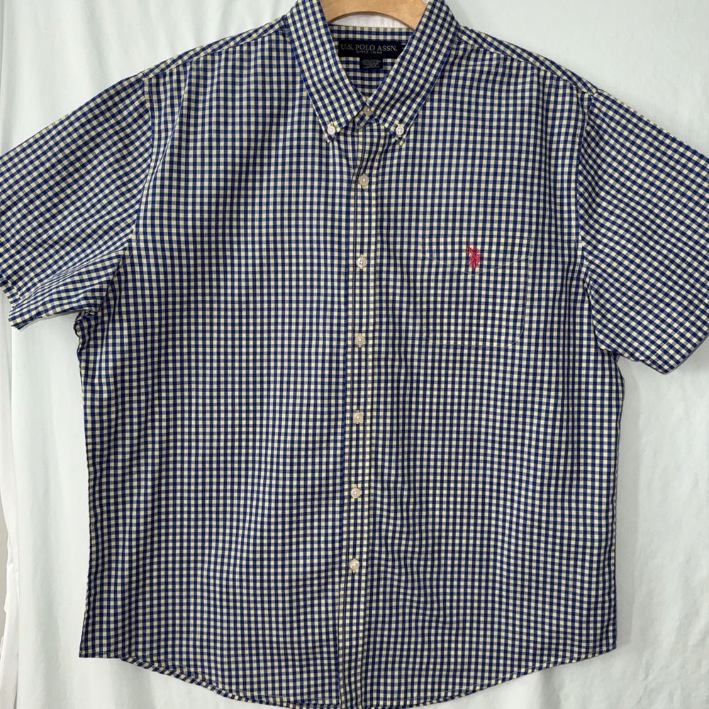 US Polo Assn Mens Shirt XL White/Yellow Plaid Button Up Short Sleeve Shirt